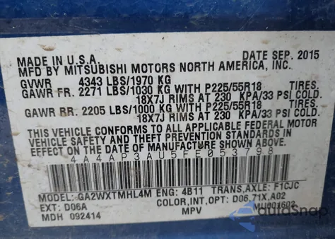 2015 Mitsubishi Outlander Sport Es from USA, damaged, VIN 4A4AP3AU5FE053798